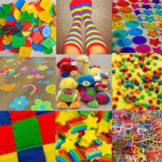 there are many different types of toys in this collage, including socks and buttons