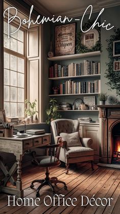 the book cover for home office decor by bohemian chic is shown in front of a fireplace