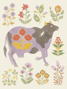 a painting of a cow surrounded by flowers