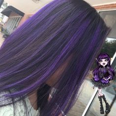 Purple Stripes In Brown Hair, Purple Highlights In Dark Brown Hair, Black Hair With Pink And Purple Streaks, Purple Draculaura Hair, Purple Partial Highlights, Black Blonde Purple Hair, Elissabat Hair, Skunk Hair Purple