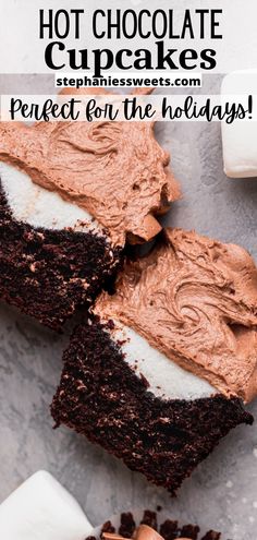 chocolate cupcakes with white frosting on top and one cut in half to show the inside