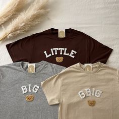 These cute Bear Sorority Big Little Shirts are great for Big Little Reveal / Bid day! They are perfect to give to your big/lil as a gift and match outfits with! <3  - These letters are iron-on patched and is heat pressed, not embroidered. - All our shirts run a Unisex fit. They are naturally oversized, so we highly recommend choosing your actual size! Size down if you'd like it more fitted.  - Material is super soft and comfy! ♡ - Please note that shirt brand used may vary depending on what our Big Little Reveal Shirts, Big Little Shirts Sorority, Sorority Big Little Reveal, Big/little Baskets, Big Little Basket, Sorority Tees, Teddy Bear Theme, Big Little Ideas, Big Little Shirts