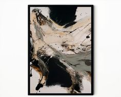 an abstract painting with black, white and grey colors on the wall in a frame