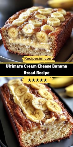 two pictures of banana bread with cream cheese on top, and another photo of bananas in the background