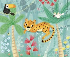 a painting of a cheetah in the jungle with birds, flowers and plants