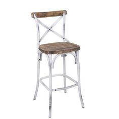 a wooden and metal bar stool with an x - back design on the seat, against a white background