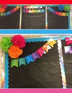 this is an image of a school bulletin board decorated with flowers and streamers on it