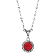 Add a pop of color to your wardrobe with this petite and feminine pendant featuring a red round crystal. | 1928 Jewelry Silver Tone Round Red Crystal with Clear Crystal 16"+3" ADJ Necklace Clear Crystal Necklace, Chic Fashionista, 1928 Jewelry, Vintage Inspired Jewelry, White Necklace, Necklace Online, Red Crystals, Crystal Drop, Faceted Crystal