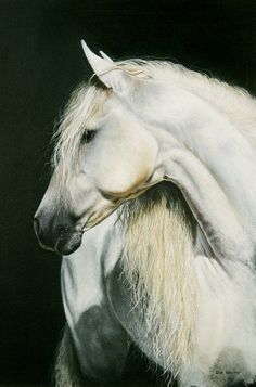 a painting of a white horse with long blonde hair on it's head and tail