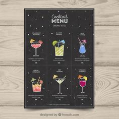 the cocktail menu is shown on a wooden table