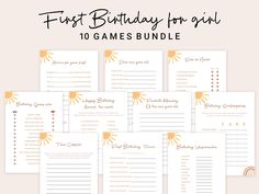 the first birthday games bundle for girls is shown in yellow and white with text that reads,