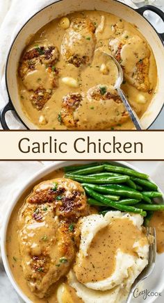 two pictures showing different types of chicken and gravy in a skillet with green beans