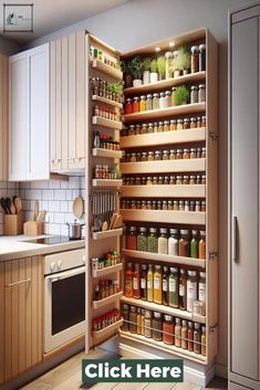 an open pantry with lots of spices and condiments on the shelves in it