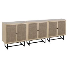 three storage cabinets with doors and black legs on each side, one is beige and the other is brown