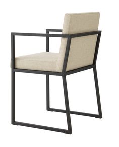 an upholstered chair with a beige seat and black frame, on a white background