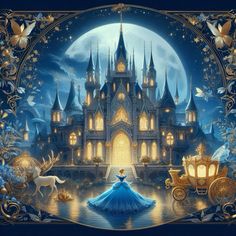 an image of a princess in front of a castle at night with her horse and carriage