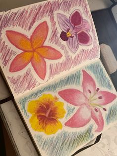 an open notebook with drawings of flowers on it