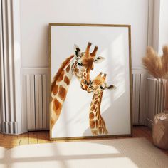 two giraffes standing next to each other in front of a white wall