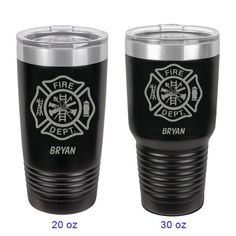 two fire department tumblers are shown side by side with the same logo on them