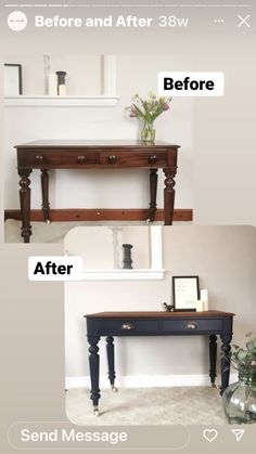 the before and after photos of an old console table