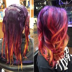 Sunset hair Hair Color Placement Diagram, Vivid Highlights, Colored Hairstyles, Sunset Ombre, Fire Hair, Beauty Hair Color