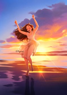 a woman in a white dress is running on the beach with her arms raised up