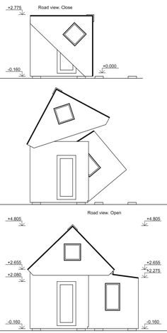 three different views of the same house from each side, with one floor and two windows