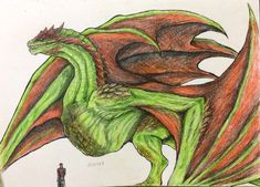 a drawing of a green and red dragon with two people standing in front of it