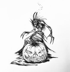 a drawing of a demon sitting on top of a pumpkin