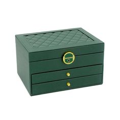 a green jewelry box with gold accents on the top and bottom, sitting against a white background