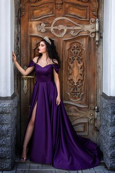 Purple satin prom dress. This dress has a lace-up corset fits several sizes with off the shoulder neckline. Long skirt with a right leg high slit is very comfortable for walking and dancing. Length of a train - 26 inches (65 sm). We sew this formal dress according to your individual measurements! You can order it as a wedding dress with a tulle veil. You can also choose any color of the satin. Shipping Free shipping Worldwide with UkrPoshta - 7-21 business days. Express shipping with UPS - 5-7 b Violet Wedding Dress, Off Shoulder Prom Dress, Prom Dress With Train, Violet Wedding, Purple Wedding Dress, Off Shoulder Evening Dress, Purple Prom, Princess Prom Dresses, Purple Prom Dress