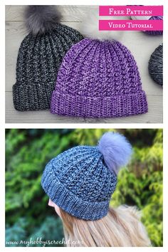 two knitted hats with pom poms on top and the same one in different colors