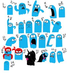 an image of blue cartoon characters with faces and hands in various poses, all drawn by hand