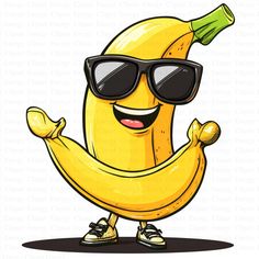 a cartoon banana wearing sunglasses and pointing to the side with its arms in the air