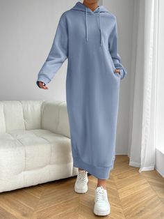 Drop Shoulder Dress, Women Sweatshirts, Warm Dresses, Plain Dress, Muslimah Fashion Outfits, Hooded Dress, Midi Dress Casual, Athleisure Wear, Vestido Casual