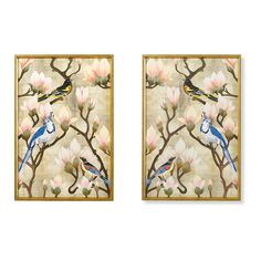 two framed art pieces with birds and flowers on them