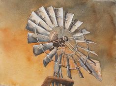 a watercolor painting of a windmill on the side of a building