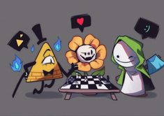 three cartoon characters are playing chess on a checker board and one is holding a flower