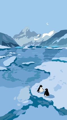 two penguins are swimming in the water near some icebergs and snow covered mountains