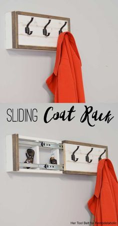 two coats hang on the wall and one coat rack is hanging from it's side