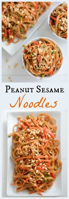 two pictures of noodles with peanut sesame seeds and carrots in them on a white plate