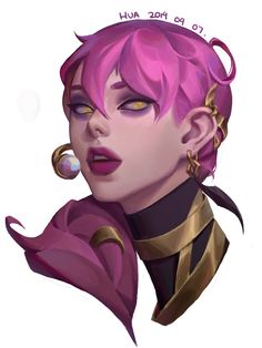 a drawing of a woman with pink hair and piercings on her ears, wearing gold jewelry