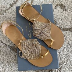 Gold Jewel Sandals. Barely Worn Excellent Condition. Comes With Box. Size 37. Very Cute Elegant Gold Beach Sandals, Jewel Sandals, Jeweled Sandals, Women's Shoes Sandals, Shoes Sandals, Size 7, Womens Sizes, Women Shoes, Sandals