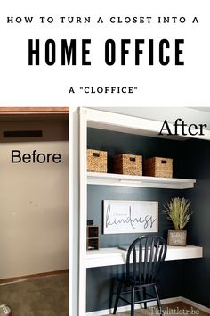 before and after photos of a closet with the words how to turn a closet into a home office