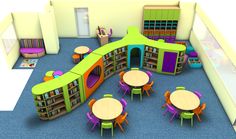 an aerial view of a children's library with tables, chairs and bookshelves