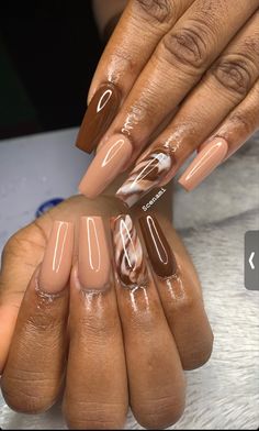 Long Acrylic Nails Designs Ideas Winter, Acrylic Brown Nail Designs, Dark Nude Nail Designs, Brown Coffin Nail Ideas, Brown Acrylic Nails Coffin, Nude Nail Designs Short, Brown And Nude Acrylic Nails, Tan Nails Design, Neutral Nails Acrylic