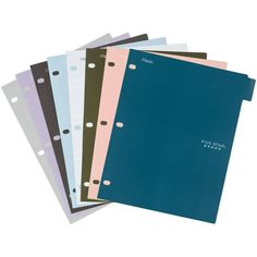 five different colored binders stacked on top of each other, one with holes in the middle