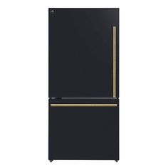 a black refrigerator freezer with gold trimmings on the door and bottom drawer