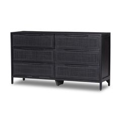 an image of a black dresser with wicker drawers on it's sideboard