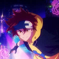 an anime character with red hair and yellow hoodie in front of neon cityscape